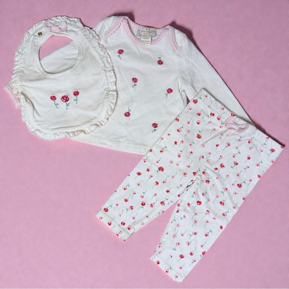 Kate Spade Baby Girl 3-Piece Floral Outfit Set Bib Top Pants Pink White